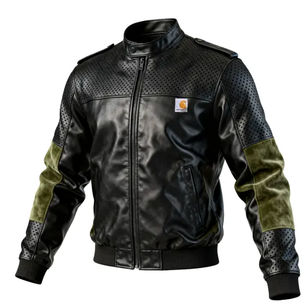 Men's Retro Outdoor Black Leather Motorcycle Jacket With Olive Accents - Wayrates.com 