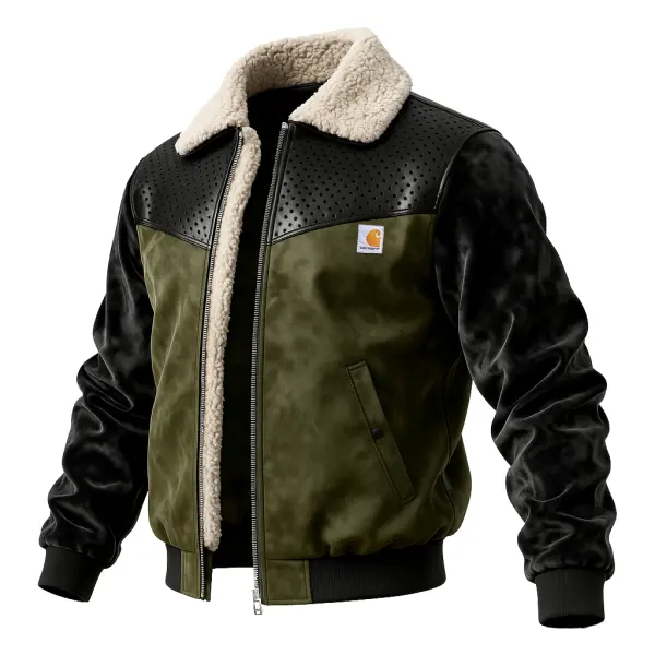 Men's Retro Outdoor Green And Black Bomber Jacket With Faux Fur Lining - Wayrates.com 