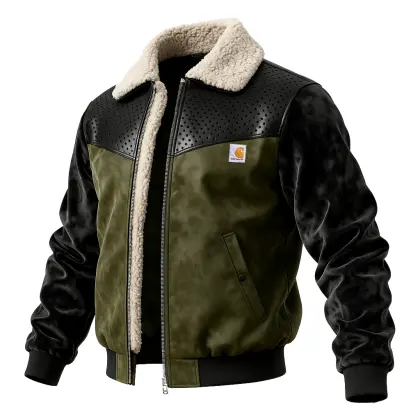 Men's Retro Outdoor Green And Black Bomber Jacket With Faux Fur Lining