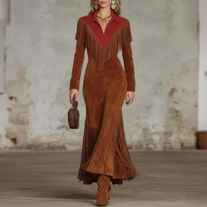 Western-style Color-blocked Fringed Suede Maxi Dress