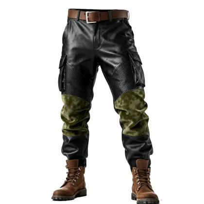 Men's Retro Outdoor Black Leather And Velvet Cargo Pants With Combat Boots