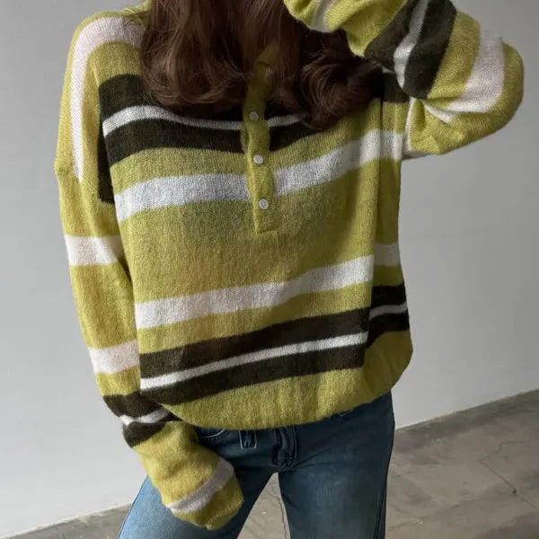 Retro-style Striped Knit Polo Collar Pullover Sweater - Wayrates.com 