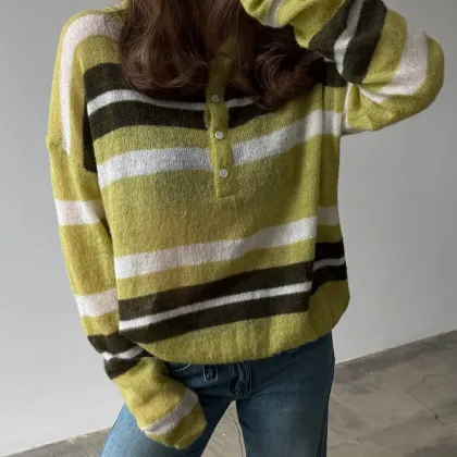Retro-style Striped Knit Polo Collar Pullover Sweater