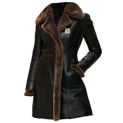 Women's Elegant Black Leather Coat With Fur Trim Jacket