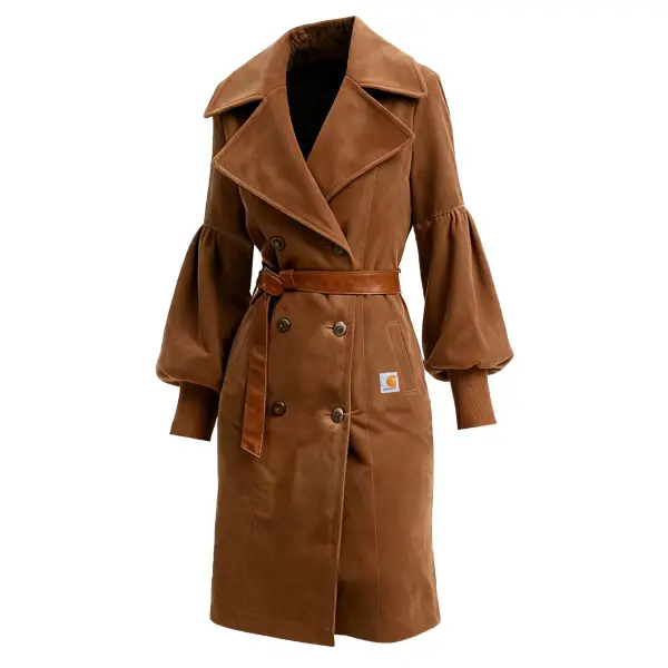 Women's Brown Suede Flared Sleeves Trench Coat No Belt - Wayrates.com 