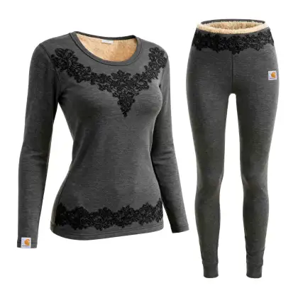 Women's Gray Lace Fleece Warm Thermal Underwear Long Sleeve Top And Leggings Set