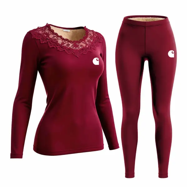 Women's Burgundy Lace Fleece Warm Thermal Underwear Long Sleeve Top And Leggings Set - Wayrates.com 