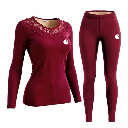 Women's Burgundy Lace Fleece Warm Thermal Underwear Long Sleeve Top And Leggings Set