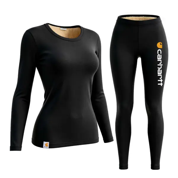 Women's Black Fleece Warm Thermal Underwear Long Sleeve Top And Leggings Set - Wayrates.com 