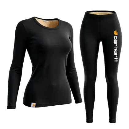 Women's Black Fleece Warm Thermal Underwear Long Sleeve Top And Leggings Set