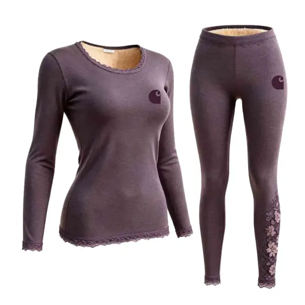 Women's Dark Purple Lace Fleece Warm Thermal Underwear Long Sleeve Top And Leggings Set - Wayrates.com 