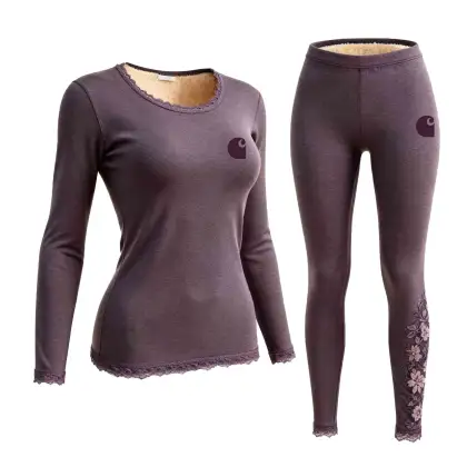 Women's Dark Purple Lace Fleece Warm Thermal Underwear Long Sleeve Top And Leggings Set