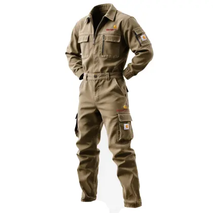 Men's Retro Workwear Khaki Work Coveralls With Multiple Pockets