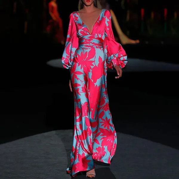 Printed V-neck long sleeve maxi dress - Leanarea.chimpone.com 