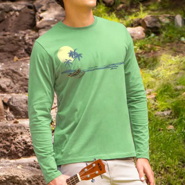 Hana Hou Sage Long Sleeve Green Pima T-Shirt - Mosaicnew.com 
