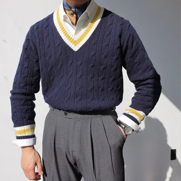 Retro Gentleman Simple Contrast Color V-neck Sweater - Keymimi.com 