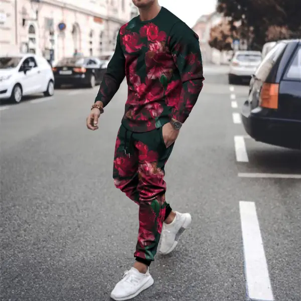 Men's Printed Round Neck Fashion Long-sleeved Casual Suit - Keymimi.com 