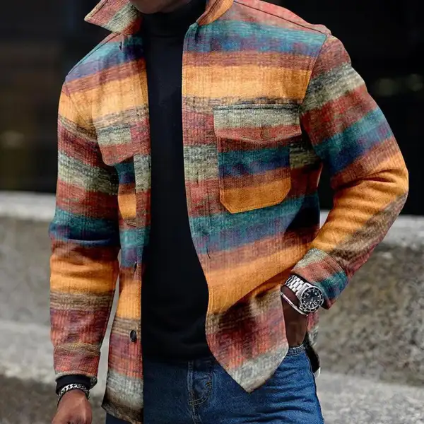 Men's Fashion Casual Striped Printed Long Sleeve Shirt Jacket - Keymimi.com 