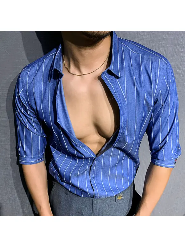 Gentleman Elegant Vertical Stripes Half Sleeve Mens Shirt - Machoup.com 
