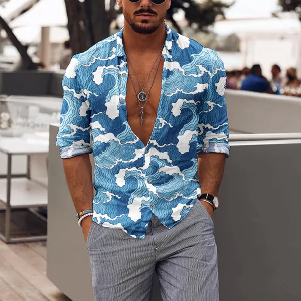 Men's Casual Holiday Ocean Wave Print Breathable Long Sleeve Shirt - Spiretime.com 