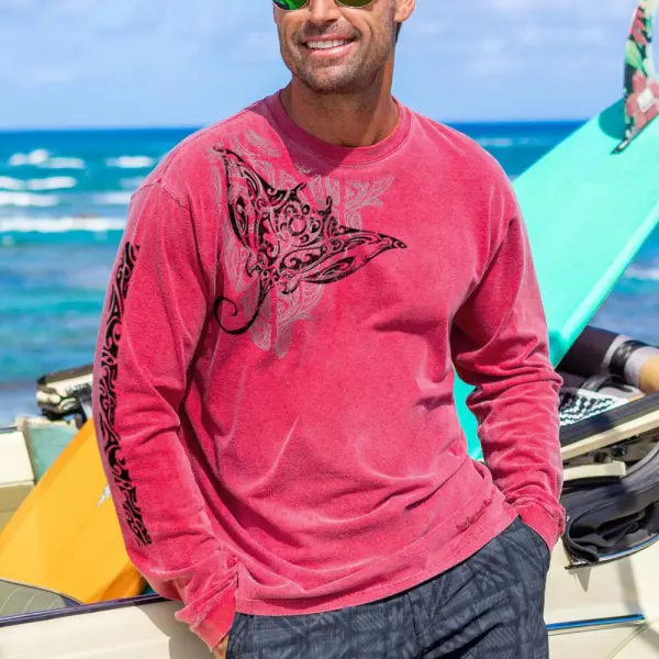 Long Sleeve Manta Aumakua Paradise Red Classic Crewneck T-shirt - Albionstyle.com 