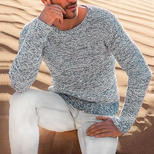 Men's Bohemian Grey Interwoven Color Line Crew Neck Sweater - Albionstyle.com 