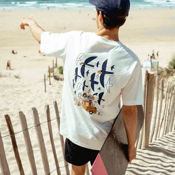 Men's Surf T-Shirt Vintage Bird Print Short Sleeve Beach Casual Tee - Localziv.com 