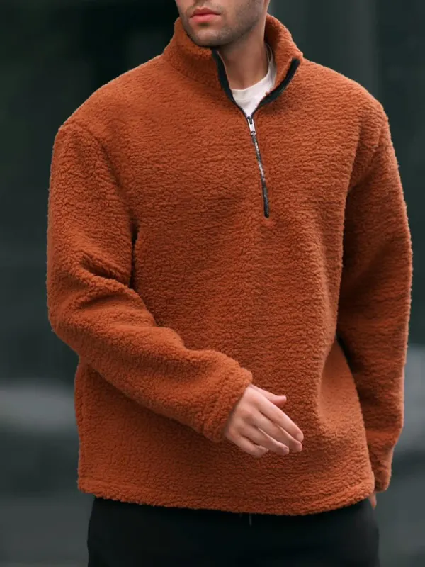 Men's Casual Teddy Velvet Half-zip Stand Collar Sweatshirt - Sunshinetip.com 