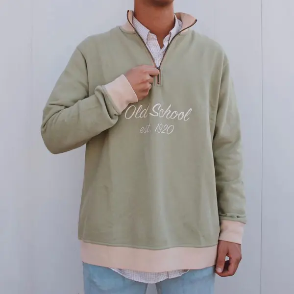 Unisex Old School Half-zip Patchwork Sweatshirt - Albionstyle.com 