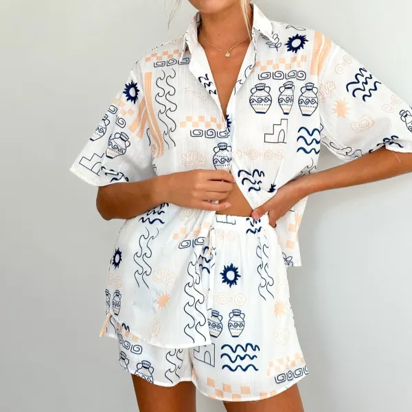 Minimalist Resort Linen Shirt Shorts Women's Printed Set - Rallyfine.com 