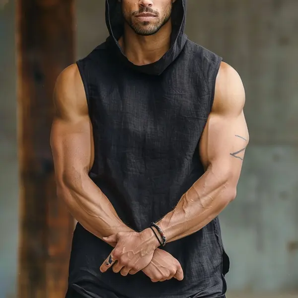 Men's Linen Hooded Sleeveless Top - Dozenlive.com 