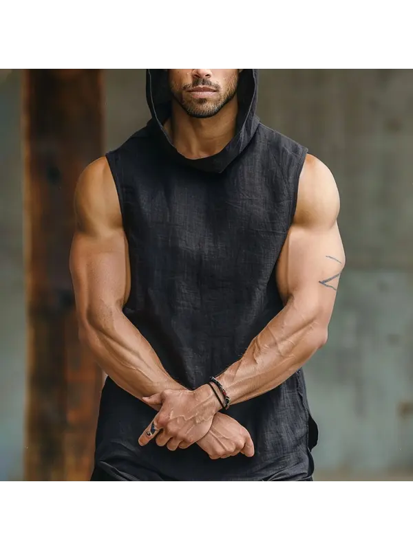 Men's Linen Hooded Sleeveless Top - Fithuge.com 