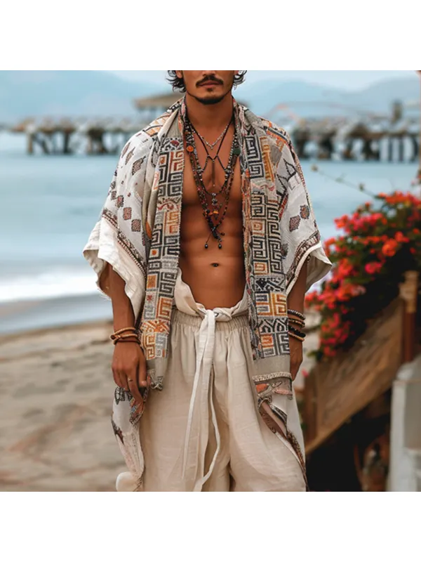 Men's Patchwork Printed Boho Town Resort Kimono Cardigan - Localziv.com 
