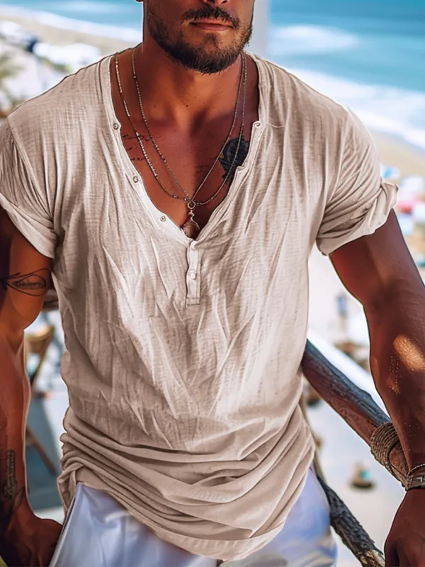 Men's Holiday V-Neck Henley Casual T-Shirt - Menbarn.com 