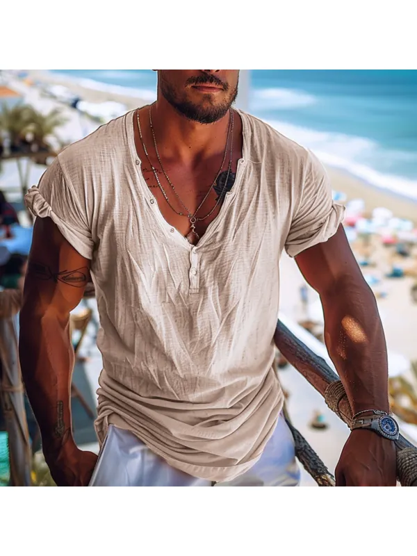 Men's Holiday V-Neck Henley Casual T-Shirt - Ootdmw.com 