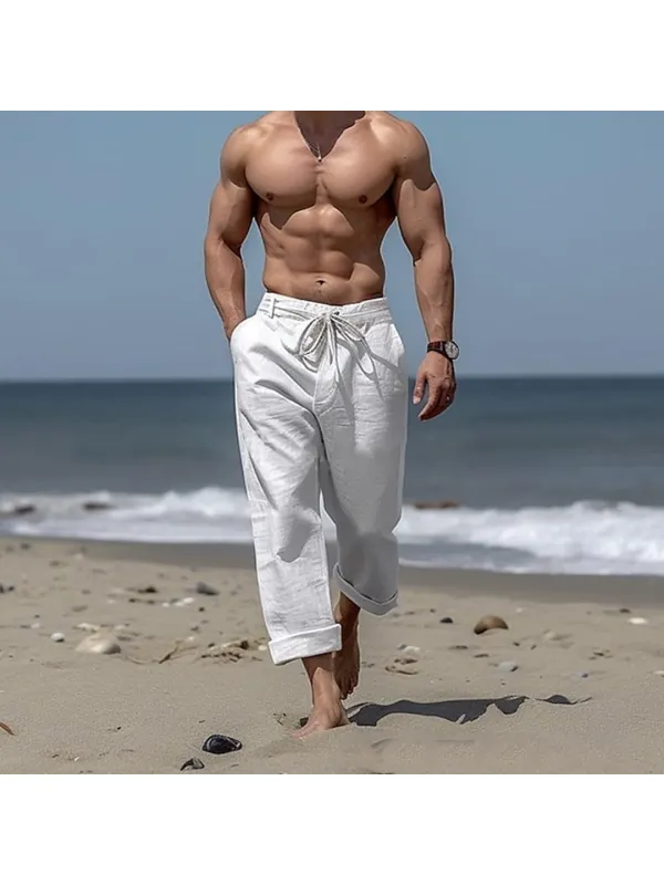 Pantalon En Lin Décontracté Uni Pour Hommes, Vacances à La Plage - Minicousa.com 