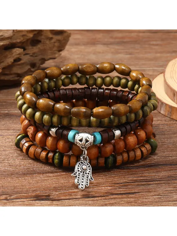 Unisex Vintage Hand Of Fatima Pendant Wooden Bead N - Aptkoi.com 