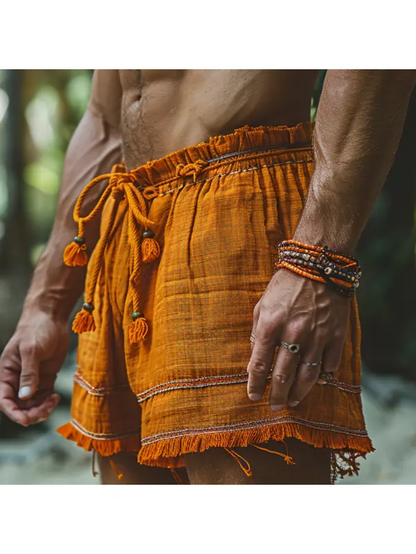 Unisex Vintage Ethnic Linen Fringe Shorts - Anrider.com 