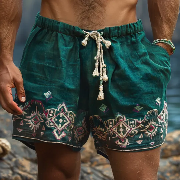 Men's Holiday Retro Bohemian Ethnic Casual Linen Shorts - Dozenlive.com 