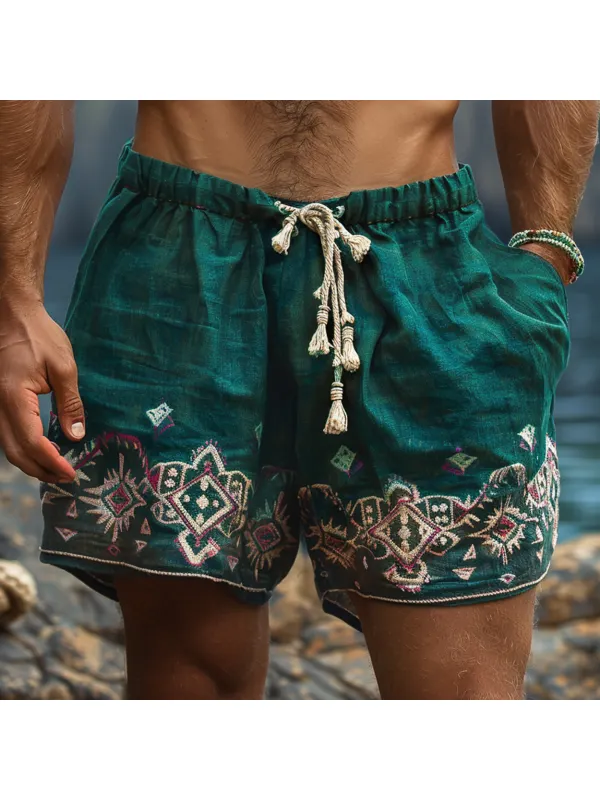 Men's Holiday Retro Bohemian Ethnic Casual Linen Shorts - Anrider.com 