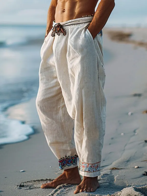 Men's Casual Retro Linen Trousers Holiday Seaside Ethnic Style Linen Trousers - Sunshinenice.com 