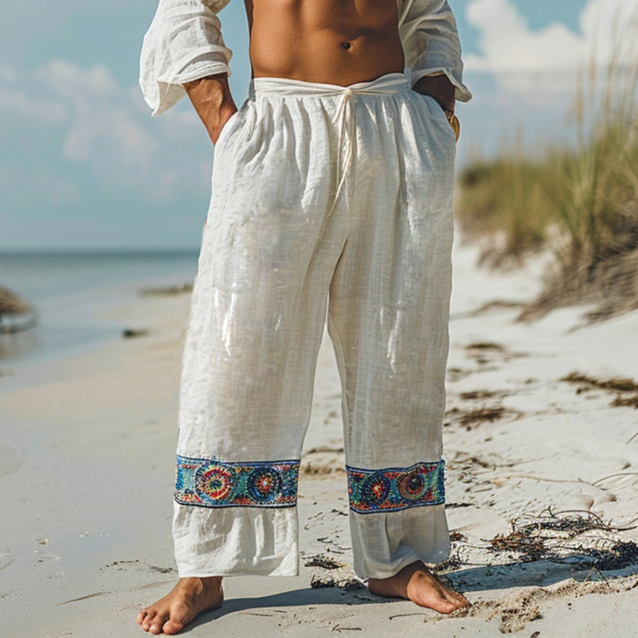 

Men's Casual Retro Linen Trousers Holiday Seaside Ethnic Style Elegant Long Linen Trousers