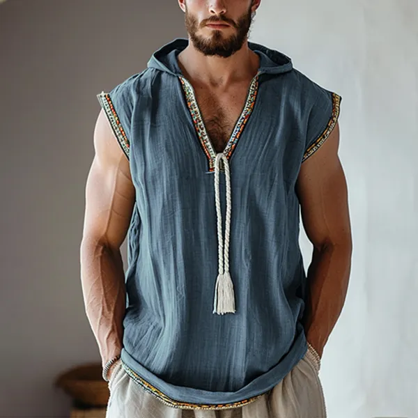 Men's Bohemian Hooded Sleeveless Linen Shirt - Dozenlive.com 