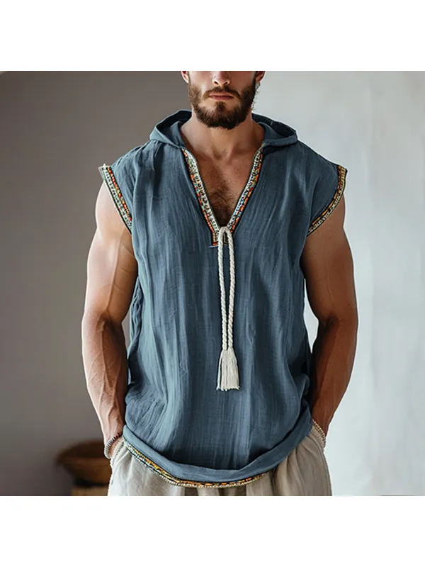 Men's Bohemian Hooded Sleeveless Linen Shirt - Anrider.com 