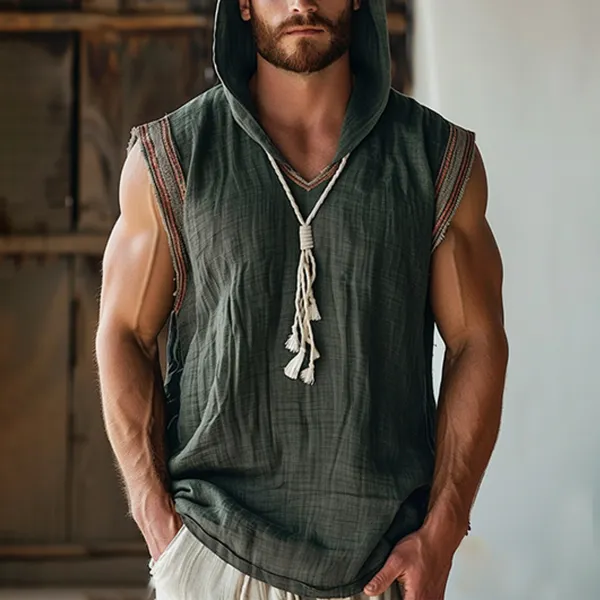 Men's Bohemian Ethnic Hooded Sleeveless Linen Shirt - Albionstyle.com 