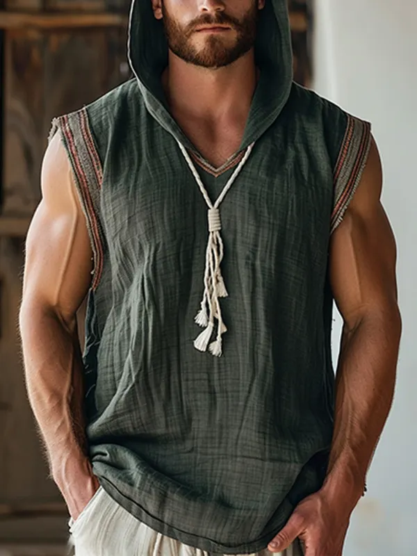 Mens N Ethnic Hooded Sleeveless Linen Shirt - Pragmaace.com 