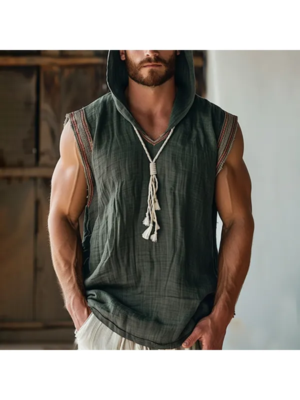 Men's Bohemian Ethnic Hooded Sleeveless Linen Shirt - Anrider.com 