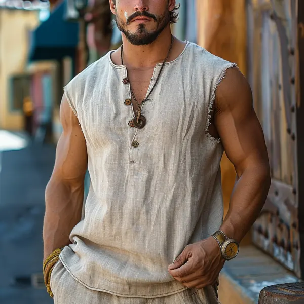 Vintage Casual Linen Vest Henley Collar Sleeveless T-shirt - Dozenlive.com 