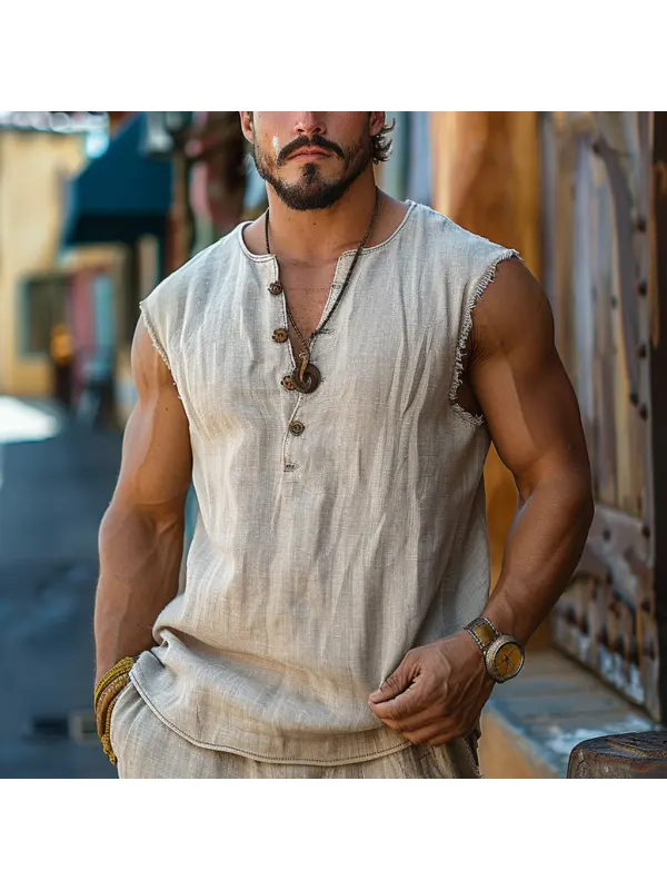 Vintage Casual Linen Vest Henley Collar Sleeveless T-shirt - Timetomy.com 