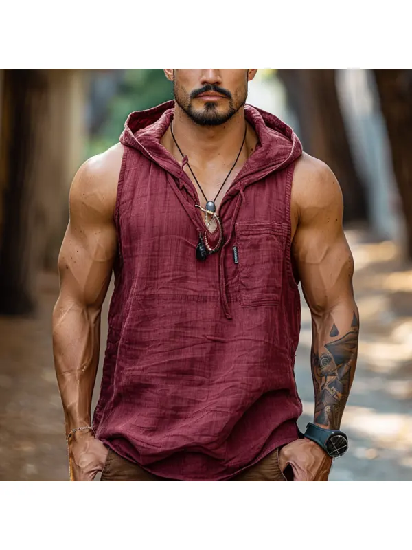 Retro Casual Linen Tank Top Hooded Sleeveless T-shirt - Localziv.com 